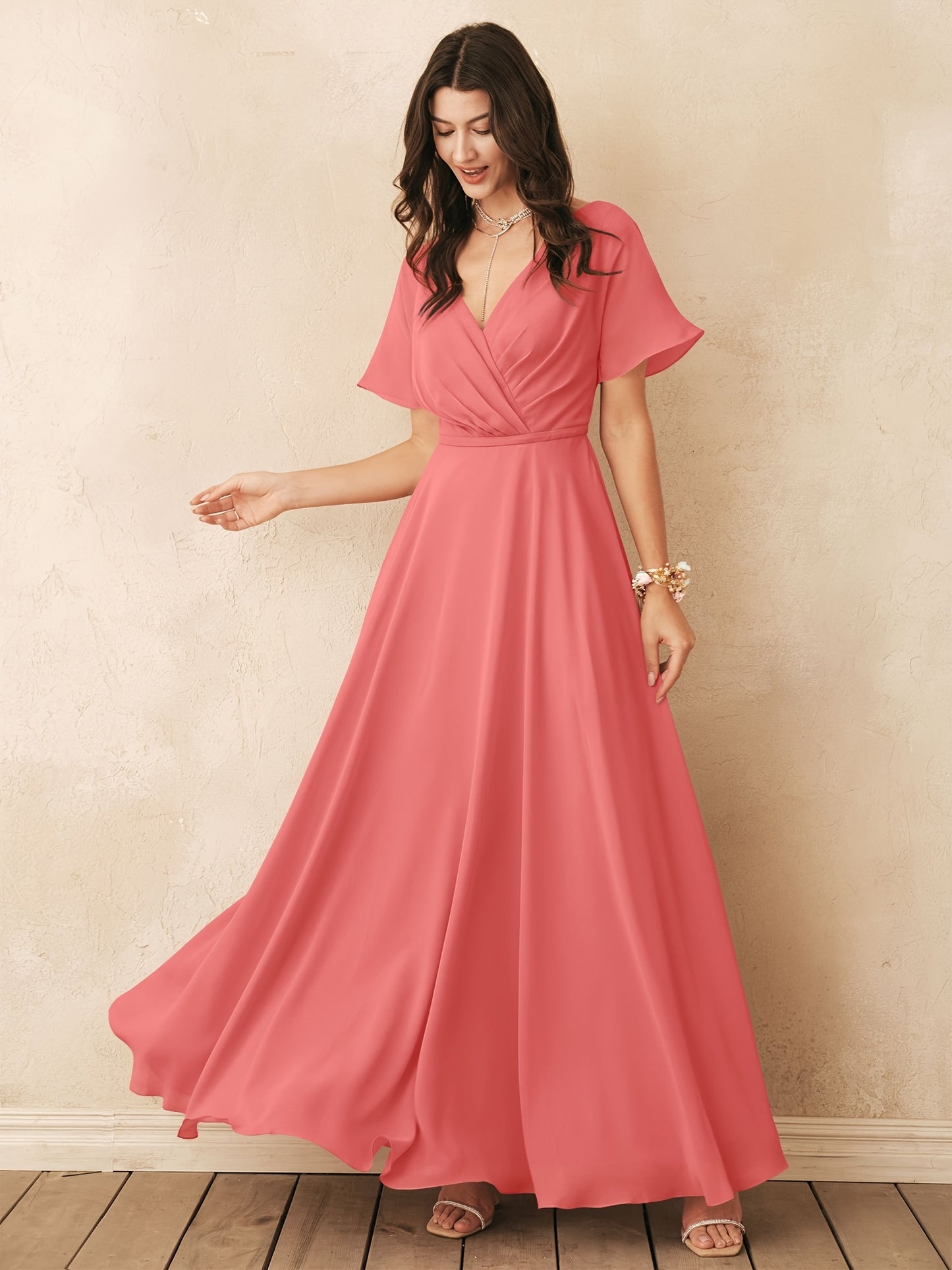 ALICEPUB Wrap V-Neck Bridesmaid Dress Chiffon Long Maxi Formal Dress For Women Party Evening Short Sleeves