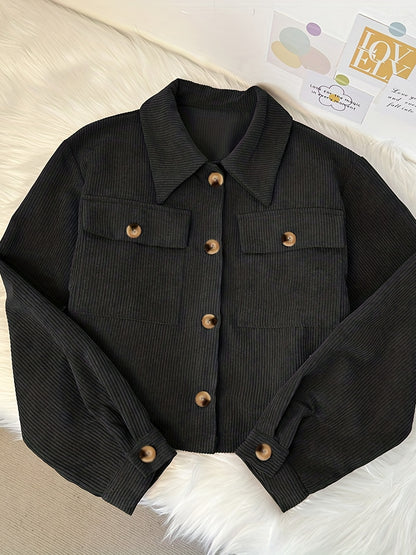 xieyinshe  Flap Pockets Corduroy Crop Jacket, Casual Long Sleeve Jacket For Fall & Winter, Women's Clothing