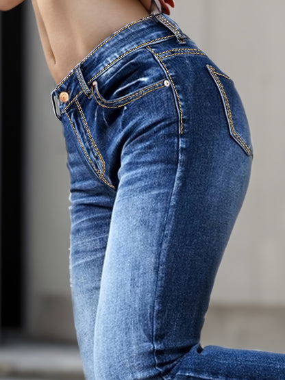 xieyinshe  Leisure Bell Bottom Jeans, High Stretch Slim Fitted Denim Pants With Slant Pocket, Women's Denim Jeans & Clothing