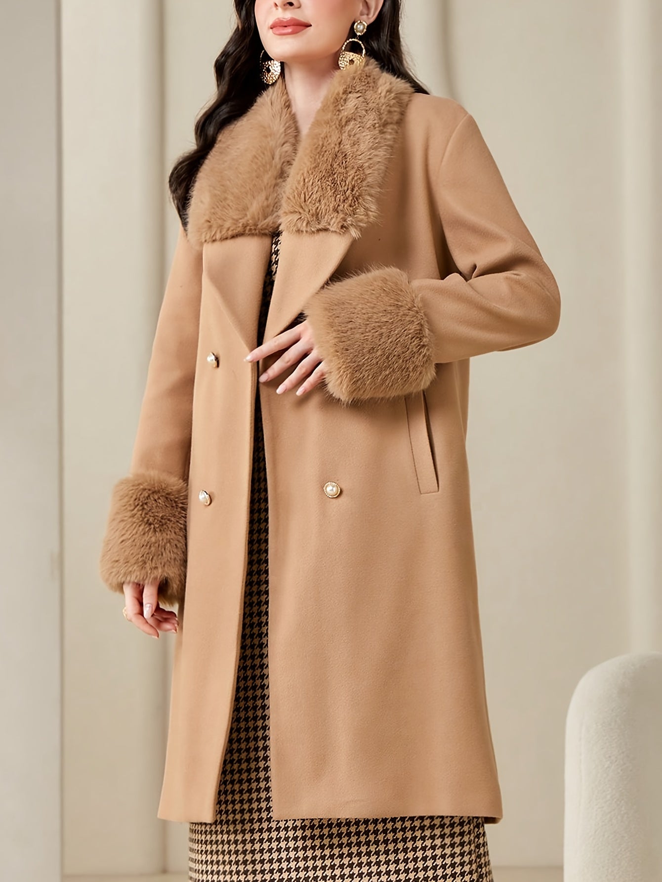 Faux Fur Collar Double Breasted Coat, Elegant Long Sleeve Winter Warm Outerwear, Women's Clothing