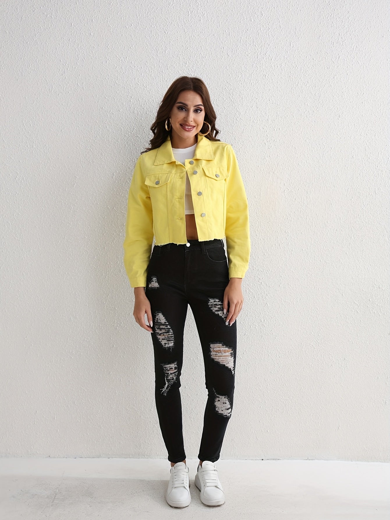 Yellow Raw Hem Denim Jackets, Long Sleeves Non-Stretch Lapel Denim Coats, Women's Denim Clothing