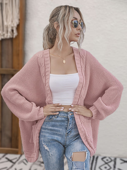 Loose Cable Drop Shoulder Long Cardigans, Casual Long Sleeve Fall Winter Knit Cardigan, Women's Clothing