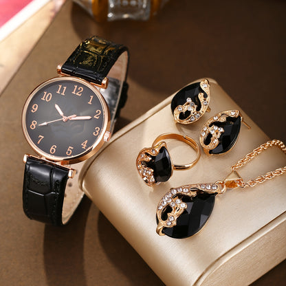 5pcs/set Women's Watch Casual Leaf Fashion Quartz Watch Analog PU Leather Wrist Watch & Jewelry Set, Gift For Mom Her