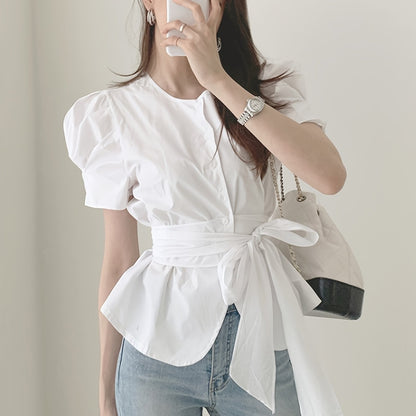 xieyinshe  Solid Single Button Tie Waist Blouse, Elegant Short Sleeve Blouse For Spring & Summer, Women's Clothing