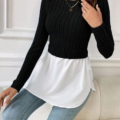 xieyinshe  2 In 1 Ribbed Paneled Crew Neck T-Shirt, Casual Long Sleeve Top For Spring & Fall, Women's Clothing