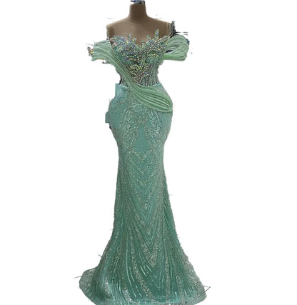 Aso Ebi Mint Mermaid Prom Dress Beaded Crystals Sequined Lace Evening Formal Party Second Reception Birthday Engagement Gowns Dresses Robe De Soiree ZJ78