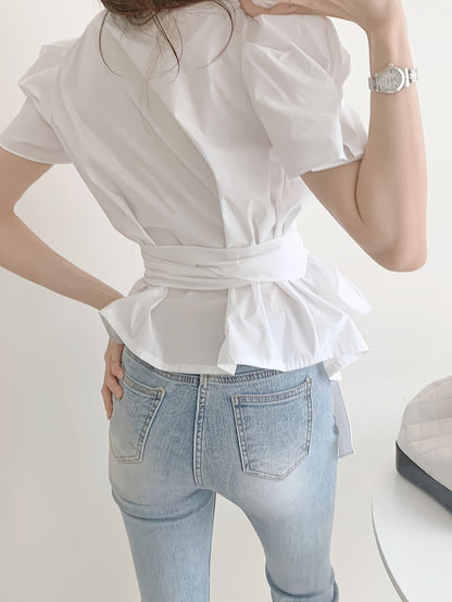 xieyinshe  Solid Single Button Tie Waist Blouse, Elegant Short Sleeve Blouse For Spring & Summer, Women's Clothing