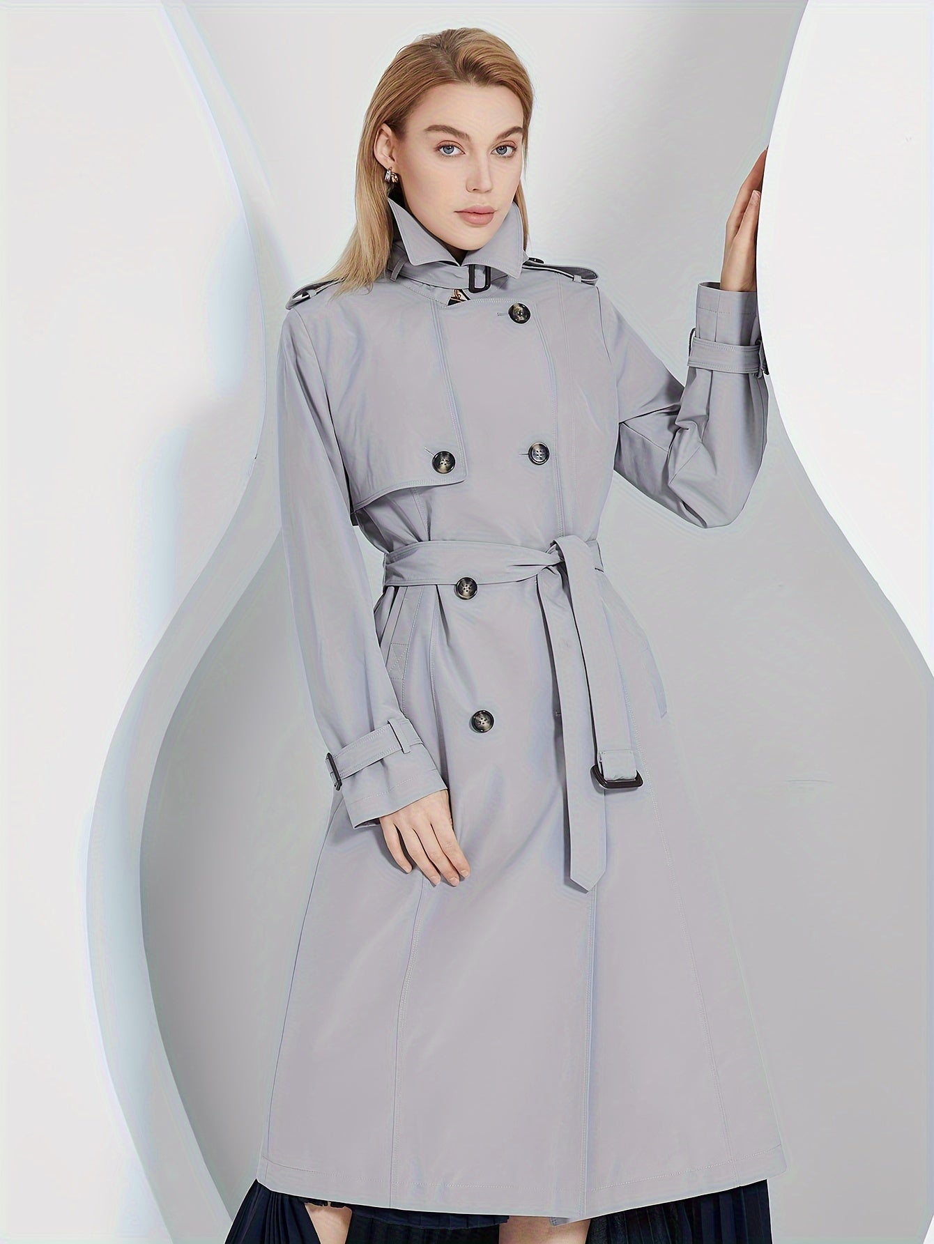 xieyinshe  Double Breasted Mid Length Trench Coat, Casual Solid Long Sleeve Outerwear, Women's Clothing