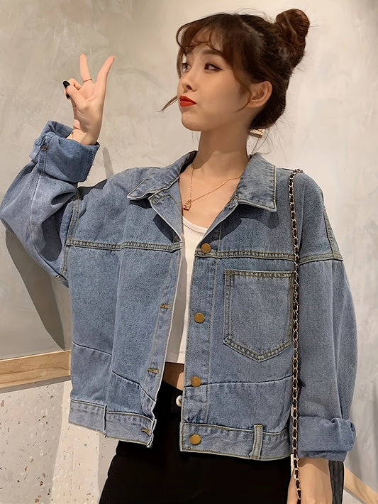 Blue Long Sleeves Denim Jackets, Asymmetrical Single Breasted Button Lapel Chic Denim Coats, Women's Denim Clothing