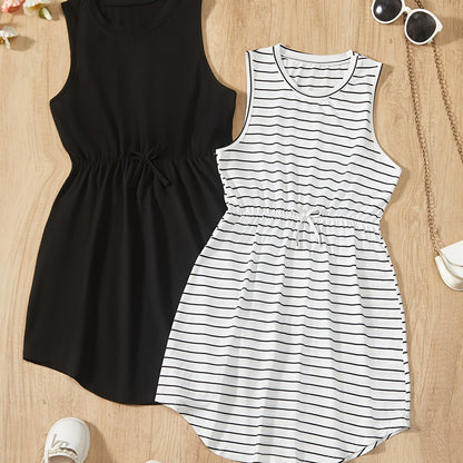 2PCS Teen Girls Fashionable Striped Sleeveless Tunic Dresses - Comfy & Breathable, Perfect for Summer Outings & Casual Wear