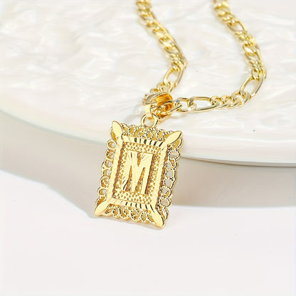 2 pcs Personalized Initial Letter Pendant Necklace - 18K Gold Plated Square Capital Monogram in Figaro Chain - Fashionable Alloy Necklace for Men and Women with A-Z Alphabet Options