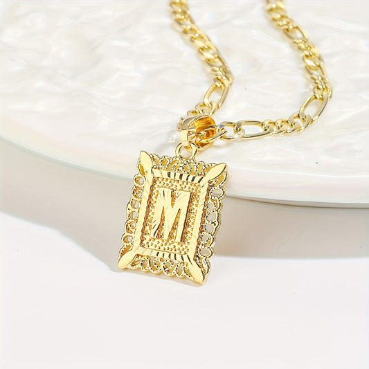 2 pcs Personalized Initial Letter Pendant Necklace - 18K Gold Plated Square Capital Monogram in Figaro Chain - Fashionable Alloy Necklace for Men and Women with A-Z Alphabet Options