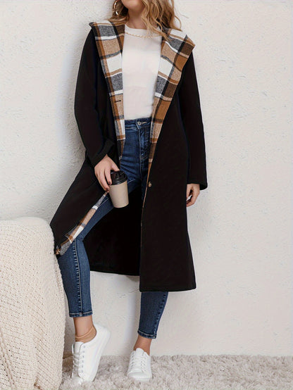 xieyinshe  Plus Size Elegant Coat, Women's Plus Colorblock Plaid Print Button Up Long Sleeve Hoodie Longline Woolen Coat