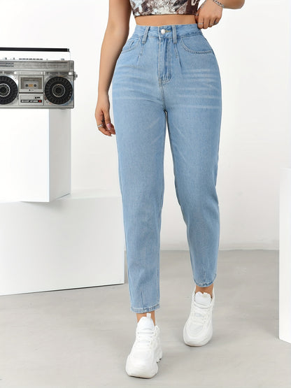 xieyinshe  Slant Pockets Casual Tapered Jeans, Washed Non-Stretch Mom Jeans, Women's Denim Jeans & Clothing