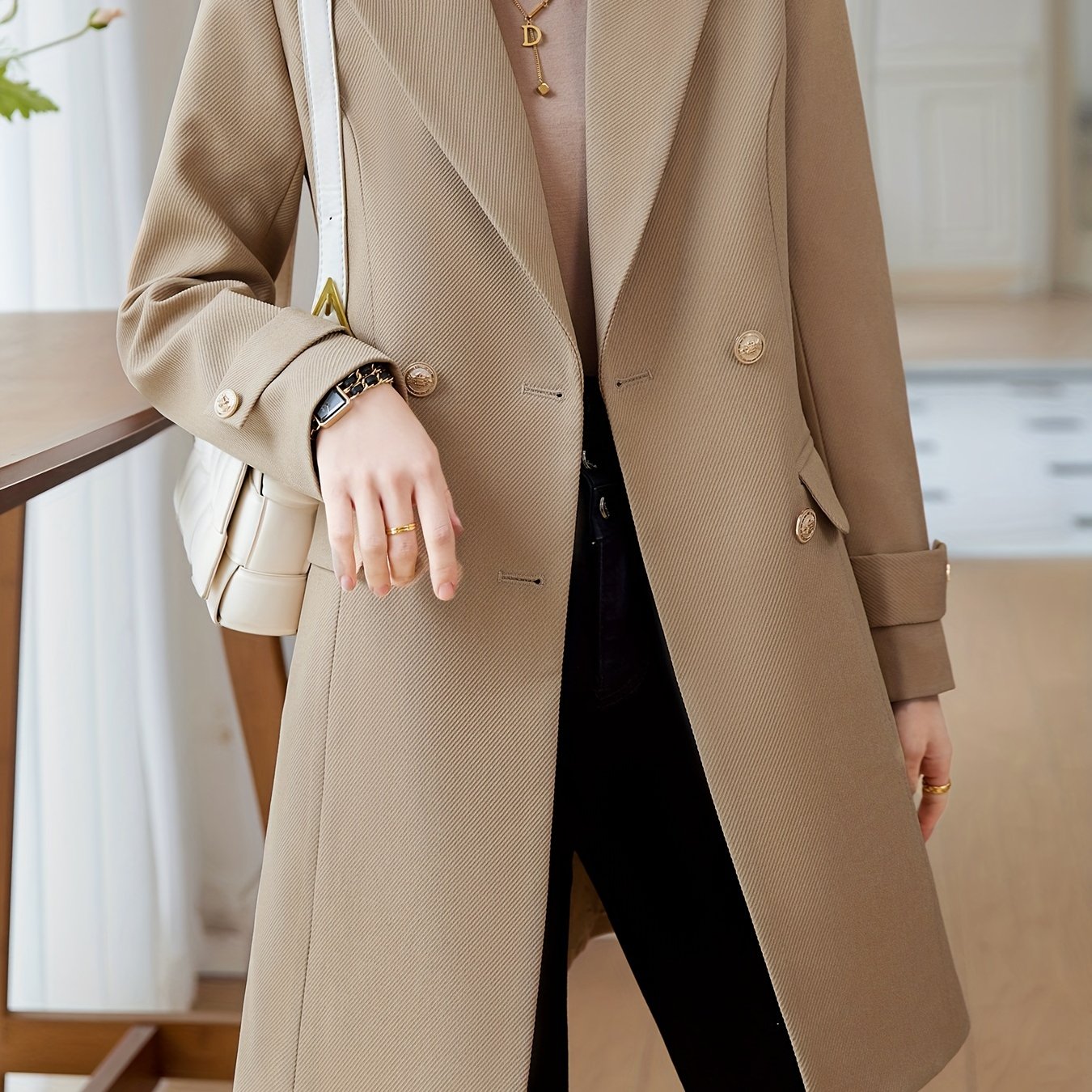 xieyinshe Solid Double Breasted Lapel Overcoat, Elegant Long Sleeve Mid Length Coat  For Fall & Winter, Women's Clothing