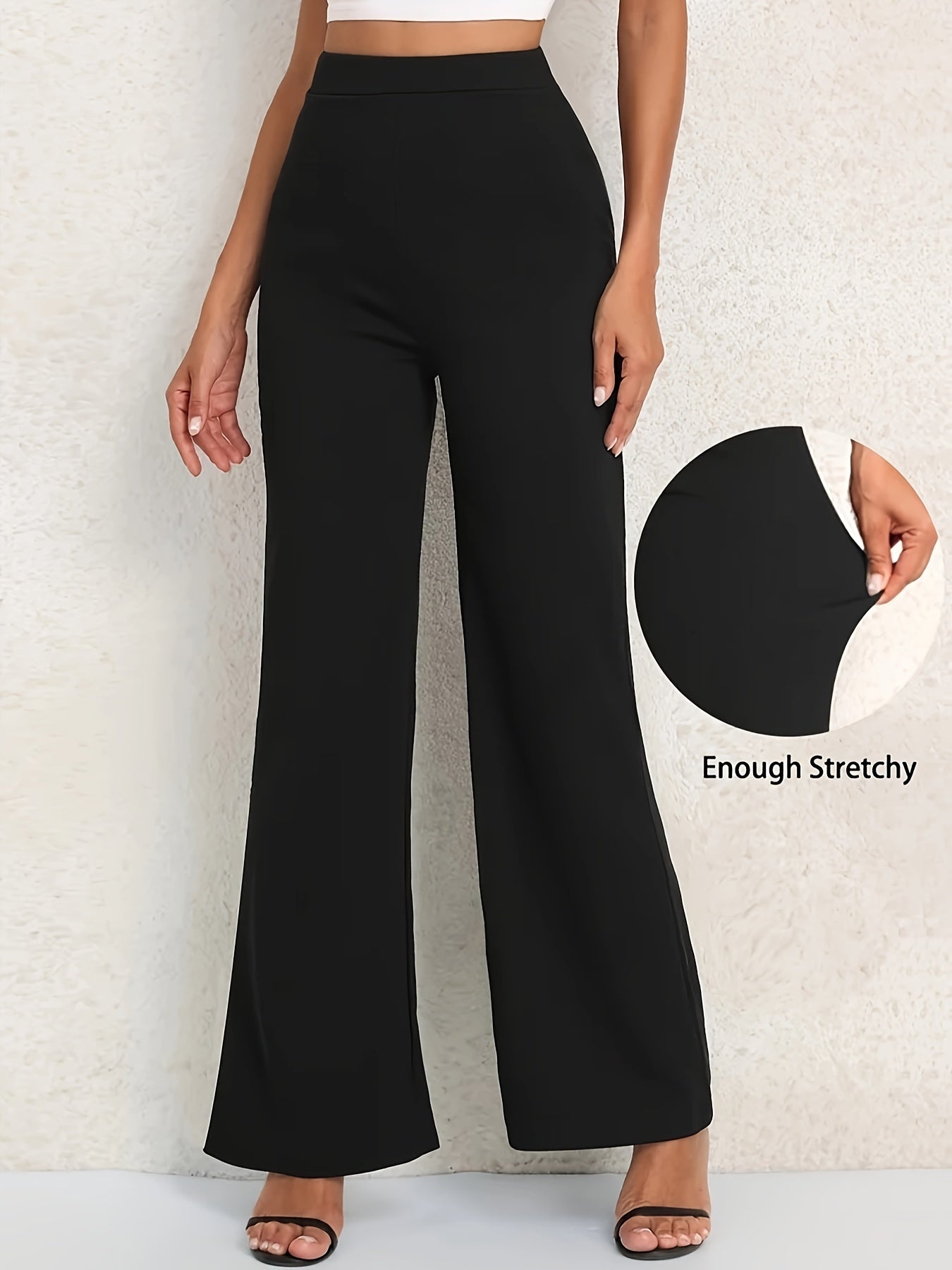 xieyinshe  Plus Size Elegant Pants, Women's Plus Solid High Rise High Stretch Flared Leg Trousers