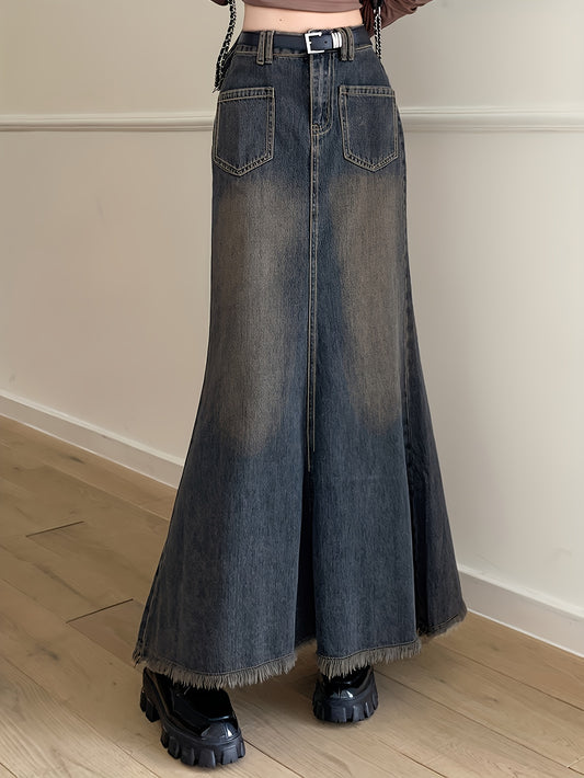 xieyinshe  Raw Hem Patch Pocket Trumpet Denim Skirt, Vintage Washed High Rise Elegant Maxi Denim Skirt, Women's Denim Jeans & Clothing