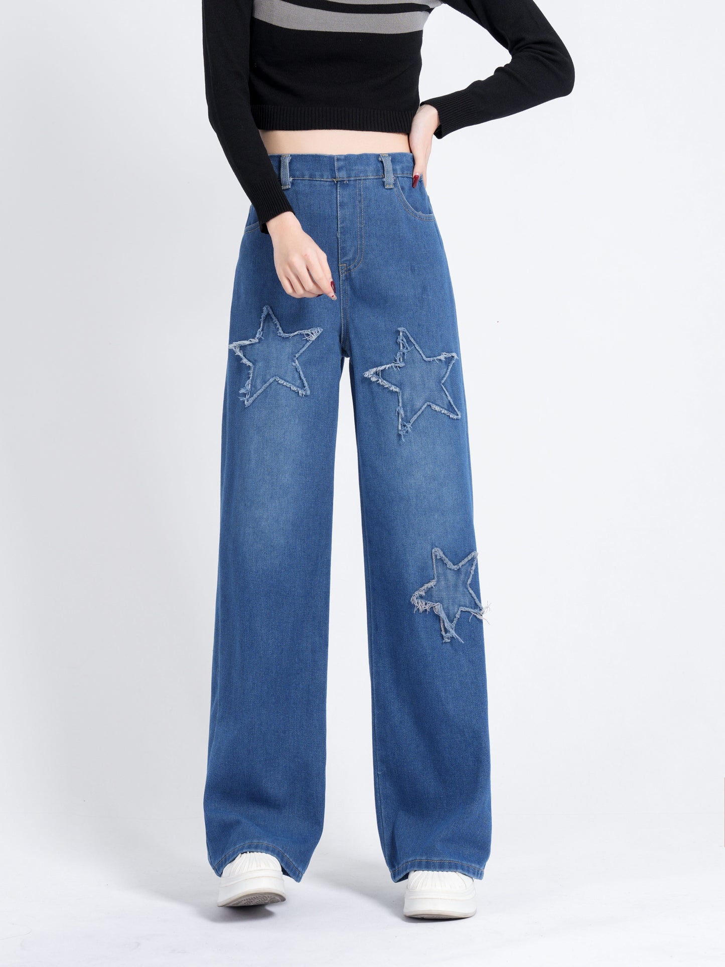 xieyinshe  Star Patchwork Wide Leg Jeans For Girls, Casual Versatile Straight Denim Trousers