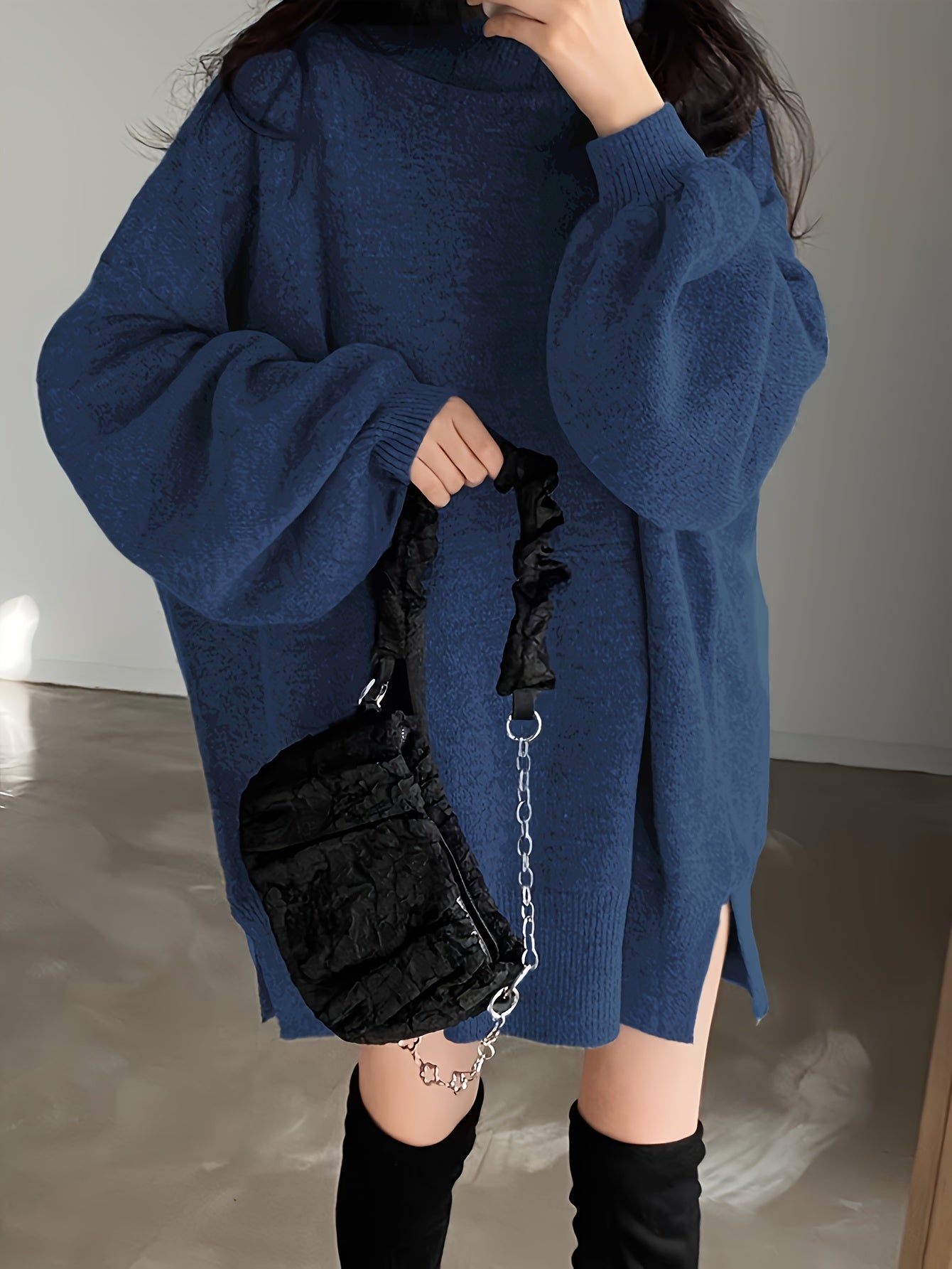 xieyinshe  Solid Turtle Neck Oversized Sweater, Casual Long Sleeve Split Sweater, Women's Clothing