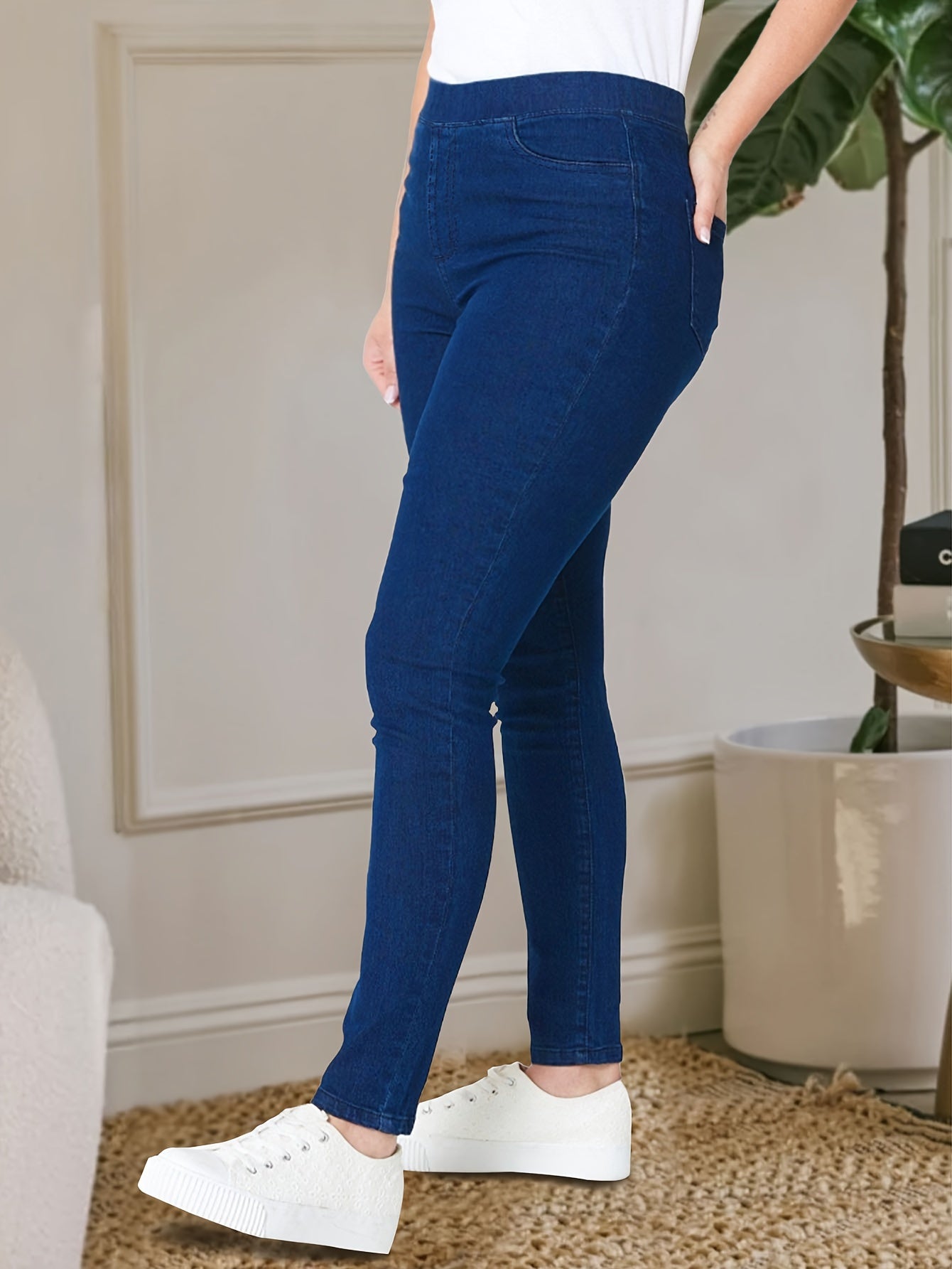 xieyinshe  Plus Size Basic Jeans, Women's Plus Solid Elastic High Rise Medium Stretch Skinny Jeans