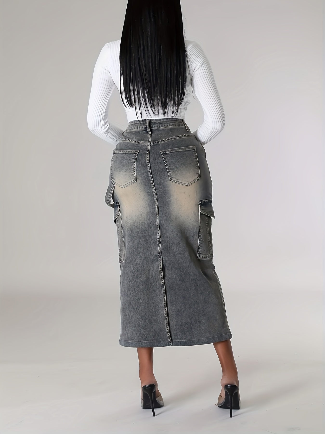 xieyinshe Side Flap Pocket Vintage Washed Midi Denim Skirt, Medium Stretch Strappy Elegant Denim Skirt, Women's Denim Jeans & Clothing