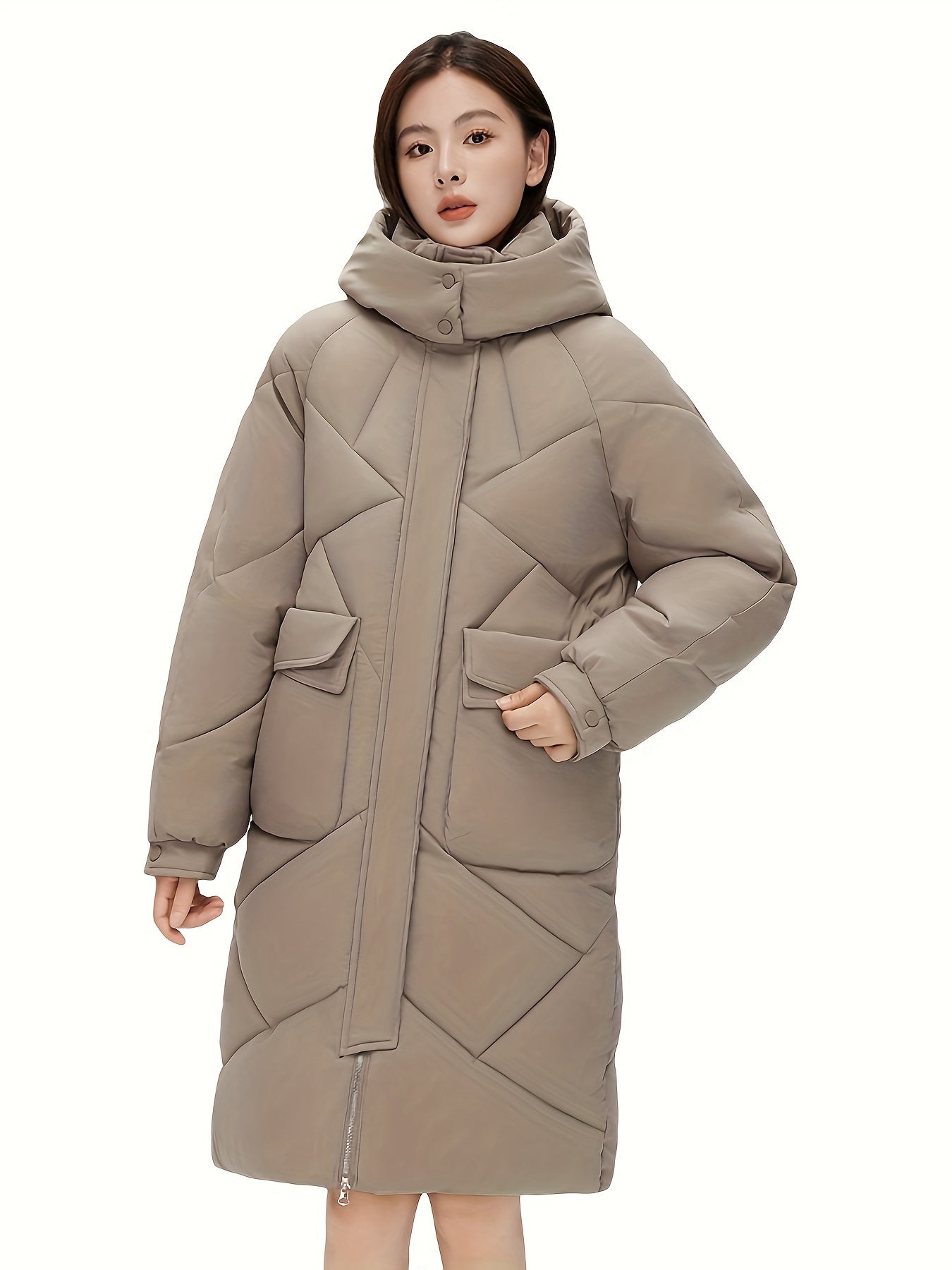 xieyinshe  Solid Flap Pockets Hooded Coat, Versatile Long Sleeve Stand Collar Thermal Winter Outwear, Women's Clothing