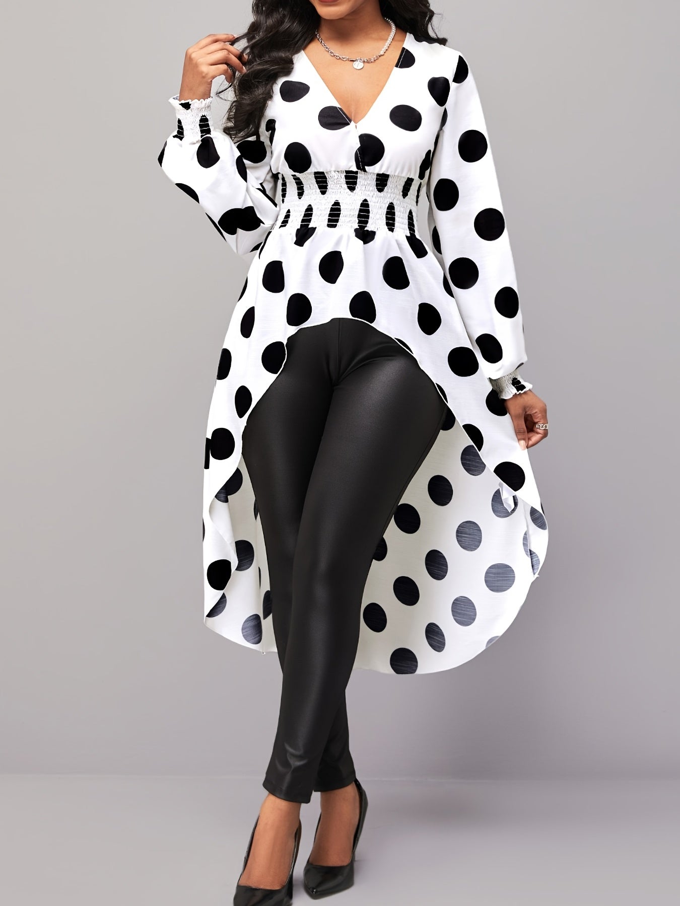 Asymmetrical Polka Dot Blouse, Long Sleeve V-neck Blouse, Casual Every Day Tops, Women's Clothing