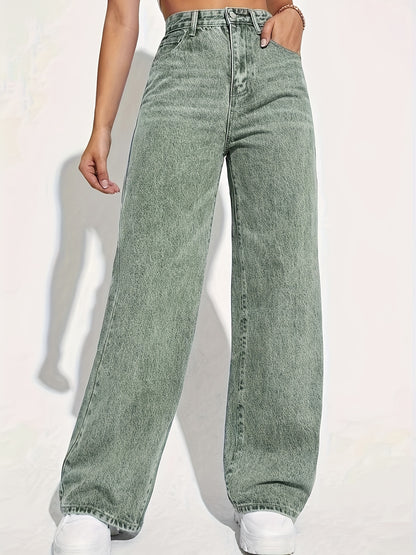 xieyinshe  Plain Loose Fit Baggy Jeans, Slant Pockets Non-Stretch Casual Wide Legs Jeans, Women's Denim Jeans & Clothing