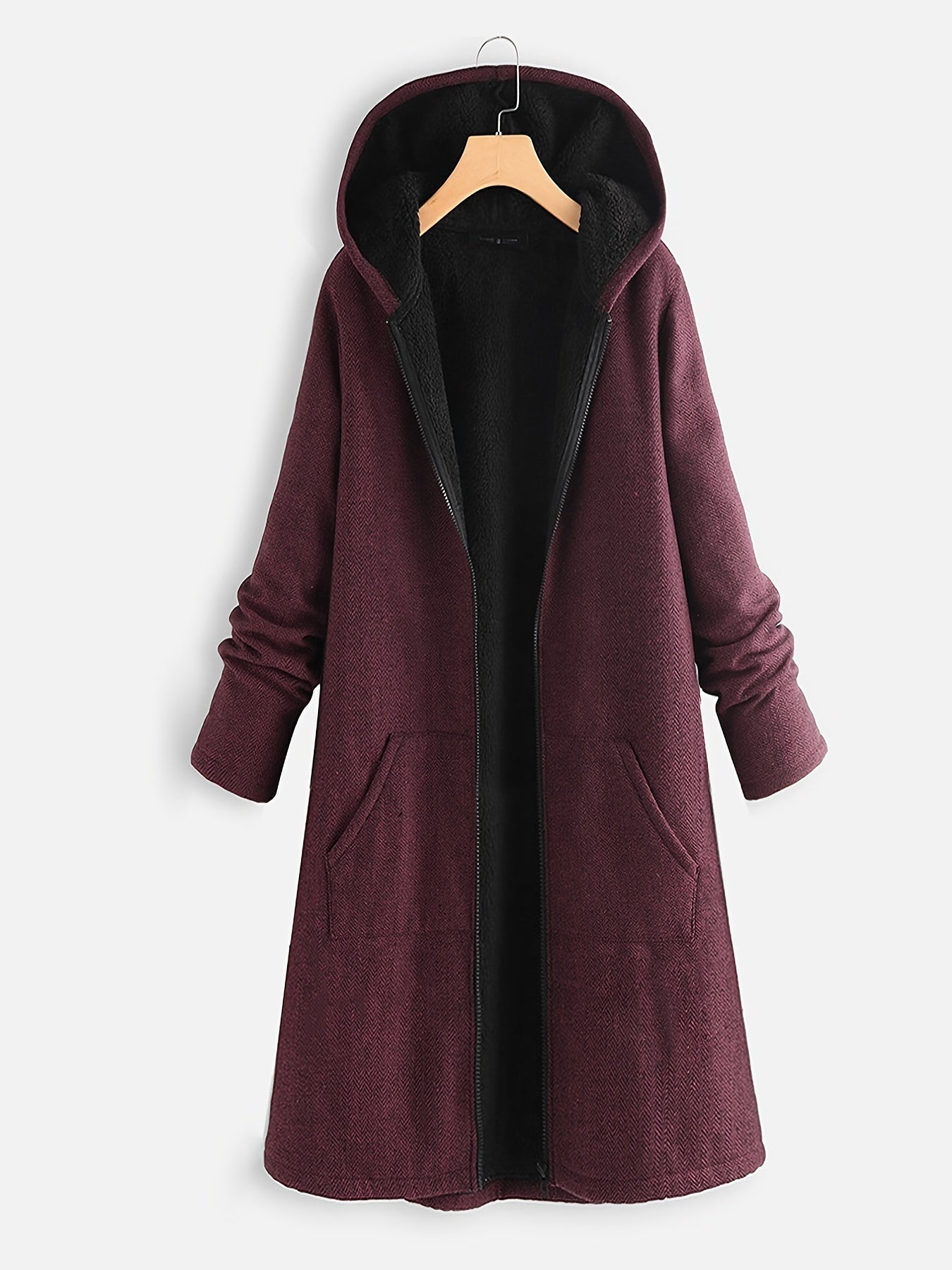 xieyinshe Zip Up Long Length Coat, Casual Solid Long Sleeve Hooded Outerwear, Women's Clothing