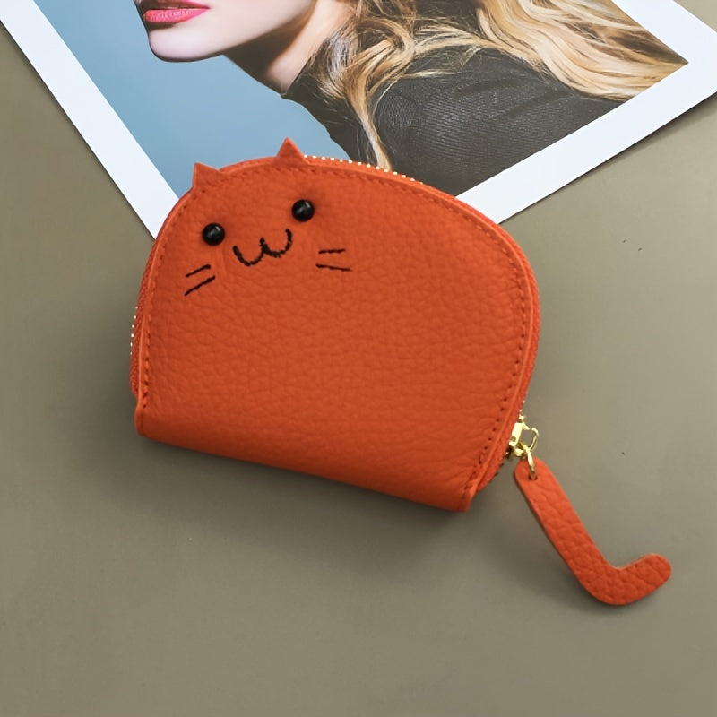 Compact & Chic Genuine Leather Cat-Design Wallet - Secure Zipper, Polyester Lined Coin Purse, and Sleek Card Holder