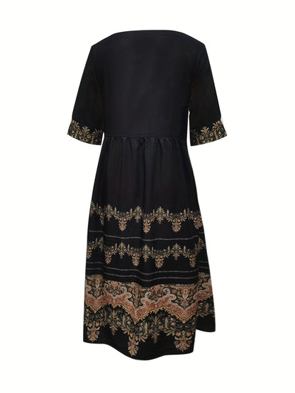 xieyinshe  Ethnic Floral Print Dress, Vintage Notched Neck Half Sleeve Dress, Women's Clothing