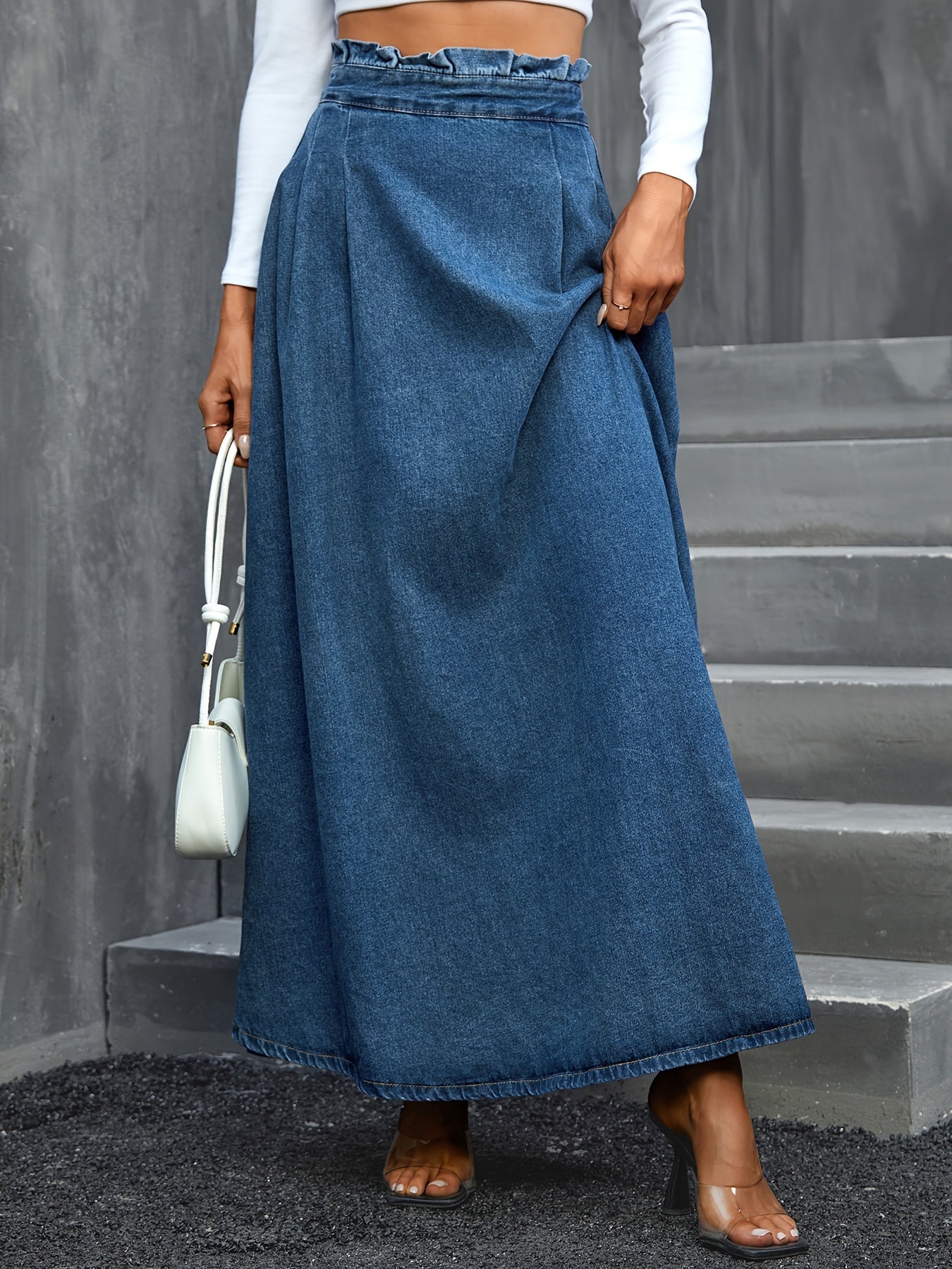 xieyinshe  Blue Paperbag Waist Denim Maxi Skirt, Non-Stretch Elegant Denim Skirt, Women's Denim Clothing