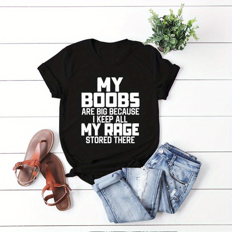 Plus Size Slogan Print Short Sleeve T-shirt, Women's Plus Slight Stretch Casual Tee