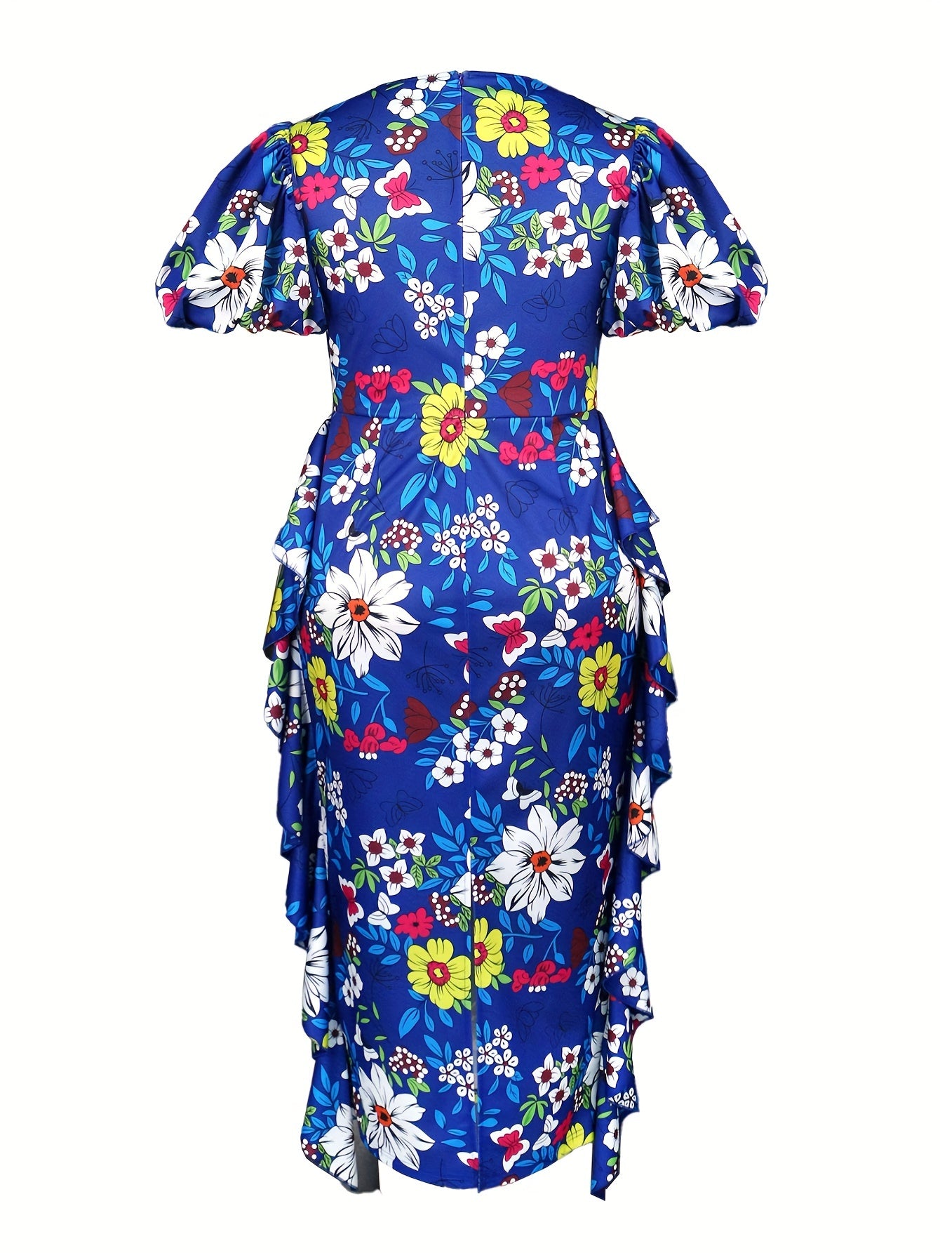 Plus Size Midi Bodycon Dress - Elegant V Neck, Ruffle Trim, Lantern Sleeves, Slight Stretch, Random Print - Perfect for Party & Banquet, All-Season Wear