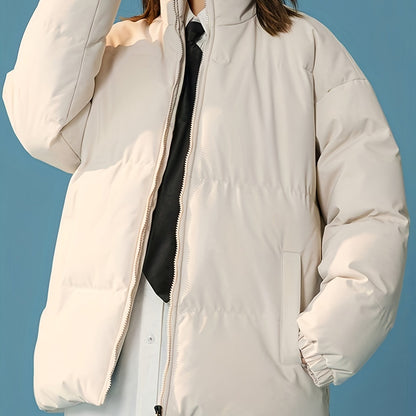 Women's Windproof Thermal Zip Up Thicken Jacket Coat, Solid Color Stand Collar Casual Coat