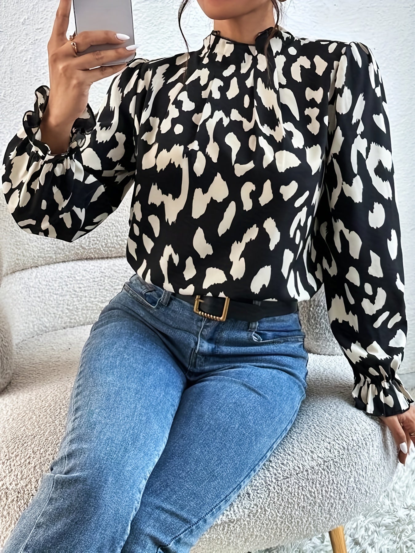 Leopard Print Keyhole Blouse, Casual High Neck Long Sleeve Blouse, Women's Clothing