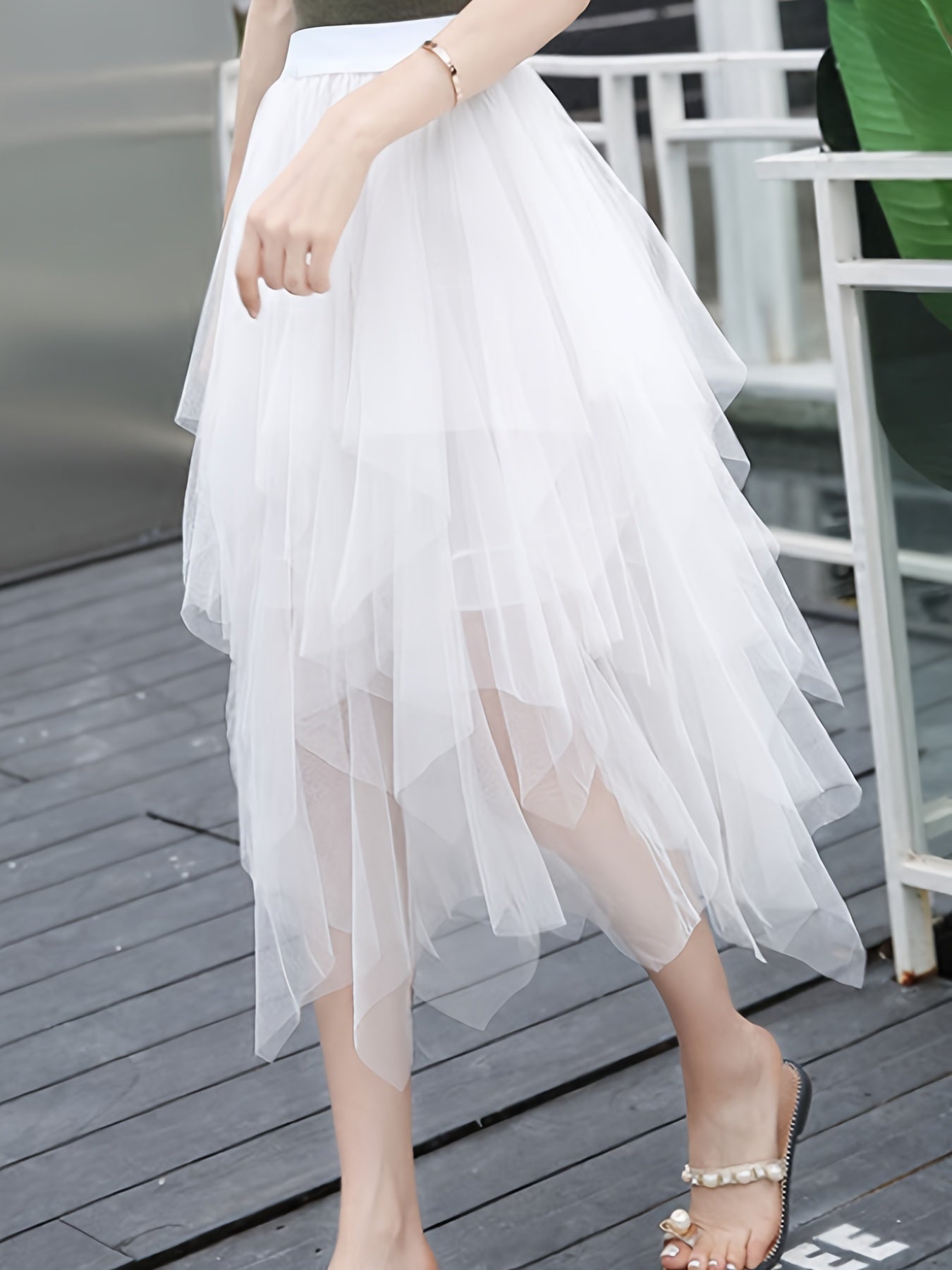 xieyinshe  Teen Girl Asymmetrical Tulle Long Skirt, Elastic High Waist Skirts For Elegant Outfit