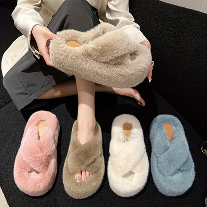 Cozy Solid Color Platform Slippers - Stylish Slip-On Winter Shoes for Indoor Comfort - Warm, Non-Slip, Perfect Home Slippers