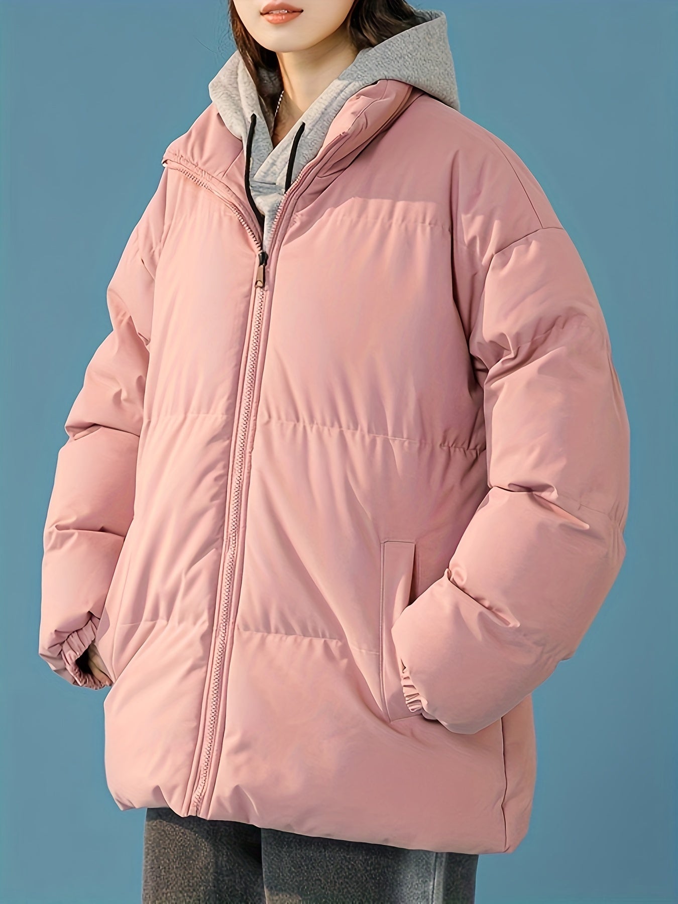 Women's Windproof Thermal Zip Up Thicken Jacket Coat, Solid Color Stand Collar Casual Coat