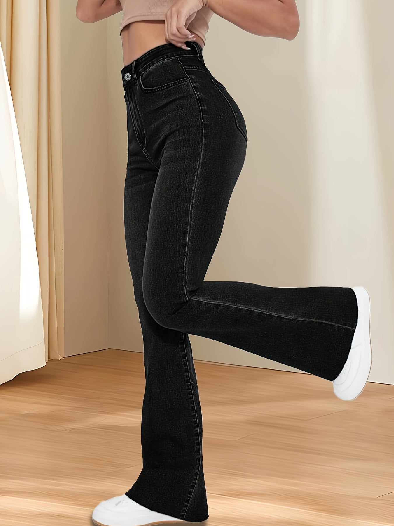 xieyinshe  Black Slant Pockets Flare Jeans, High Stretch Washed Bell Bottom Jeans, Women's Denim Jeans & Clothing