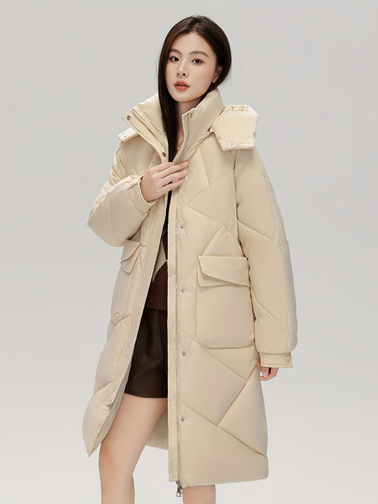 xieyinshe  Solid Flap Pockets Hooded Coat, Versatile Long Sleeve Stand Collar Thermal Winter Outwear, Women's Clothing