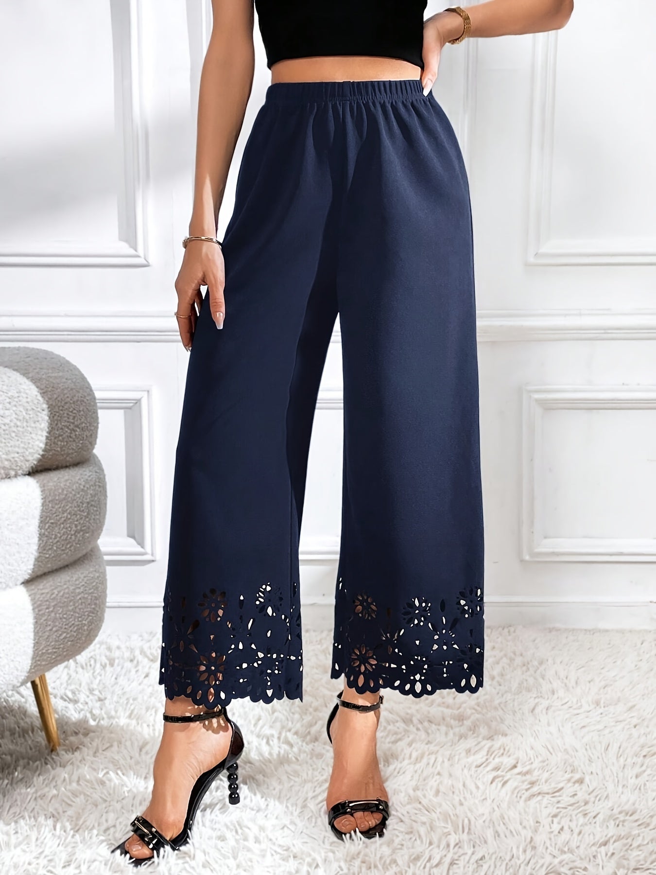 xieyinshe  Lace Stitching Wide Leg Pants, Casual Elastic Waist Solid Pants, Women's Clothing