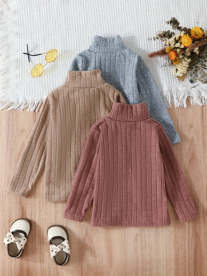 Three-color Set Girls Stripe Pattern Turtleneck Sweater For Fall Winter, Kids Casual Tops