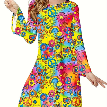 xieyinshe  70s Hippie Halloween Costume Dress, Vintage Floral Flared Long Sleeve Party Dress, Women's Clothing