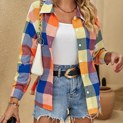 Plaid Print Polo Collar Button Shirt, Casual Drop Shoulder Shirt For Spring & Fall, Women's Clothing