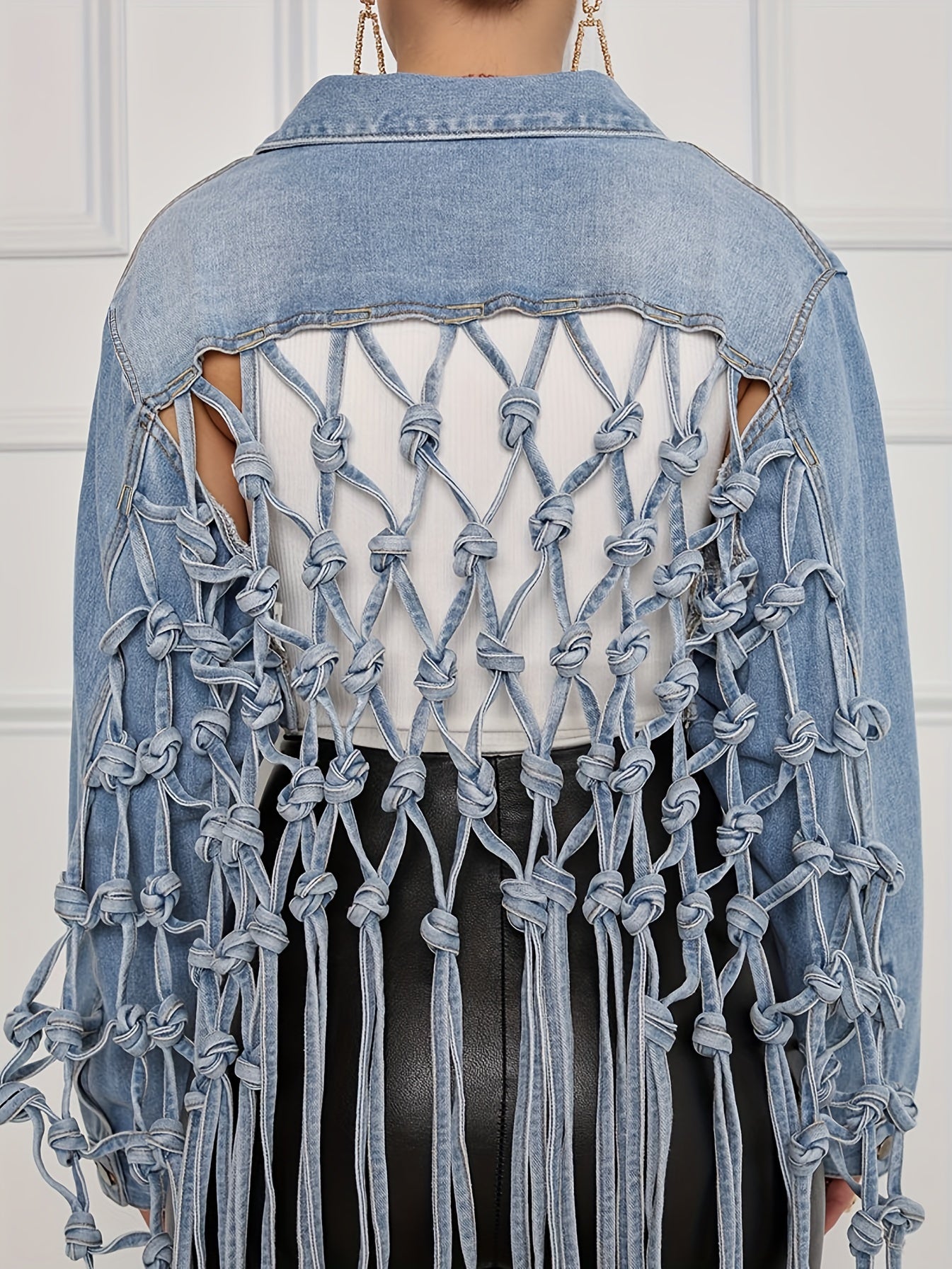 Back Woven Mesh Tassel Hem Denim Jacket, Hollow Out Knotted Cropped Denim Coats, Women's Denim Jackets & Clothing