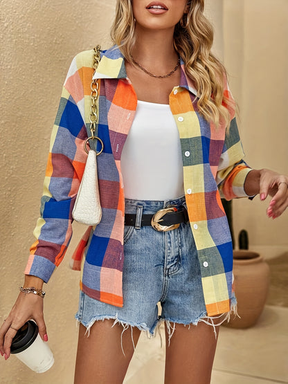 Plaid Print Polo Collar Button Shirt, Casual Drop Shoulder Shirt For Spring & Fall, Women's Clothing