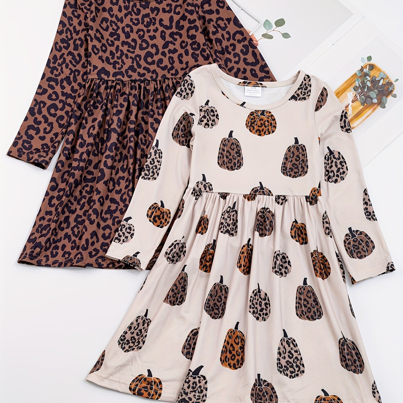 Girls Fashionable Patterned Long Sleeve Stretch Dress - Playful Twirl Design for Thanksgiving & Fall - Comfortable, Eye-Catching, Perfect Seasonal Gift