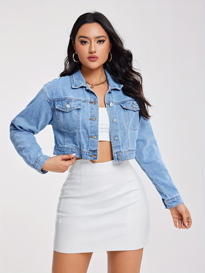 xieyinshe  Lapel Neck Long Sleeve Short Denim Jacket, Button Up Stylist Denim Coats With Flap Pocket, Women's Denim Clothing