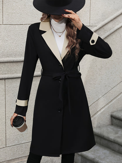 xieyinshe  Button Front Contrast Trim Trench Coat, Casual Long Sleeve Trench Coat, Women's Clothing